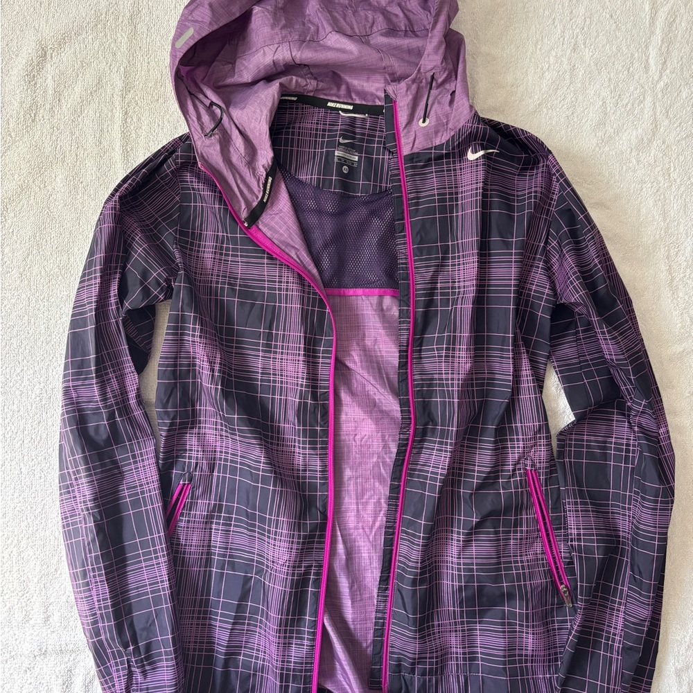 NIKE Plaid Phenom Vapor Hooded Windbreaker Running Jacket Purple Women's Size XS